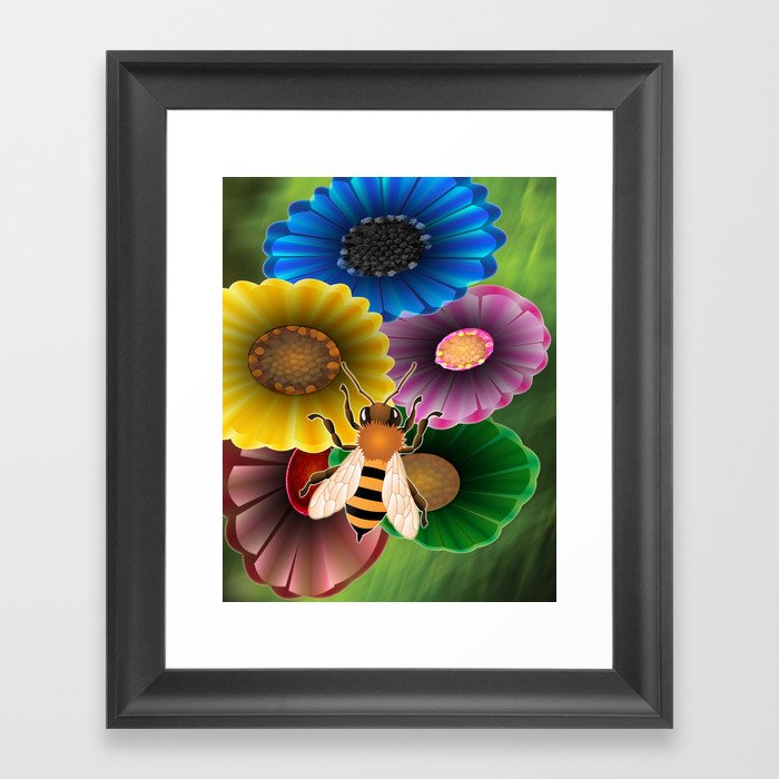 Bee over Flowers Framed Art Print