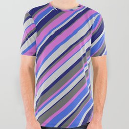 [ Thumbnail: Orchid, Royal Blue, Light Gray, Midnight Blue & Dim Gray Colored Lined Pattern All Over Graphic Tee ]
