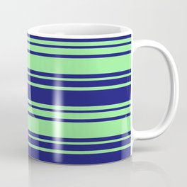 [ Thumbnail: Midnight Blue and Light Green Colored Striped/Lined Pattern Coffee Mug ]