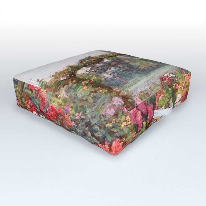 Un jardin d'ete flower garden with Cathedral - post impressionist flowers landscape oil by Octave Guillonnet Outdoor Floor Cushion