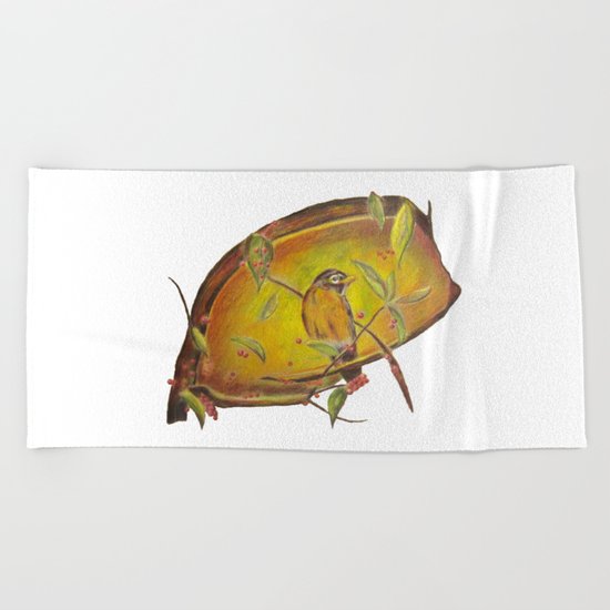Festive Christmas Bird on a Berry Tree for Autumn and the Holidays Beach Towel