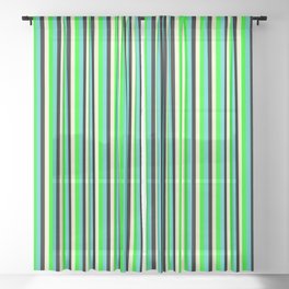 [ Thumbnail: Lime, Turquoise, Black & Light Yellow Colored Lined Pattern Sheer Curtain ]