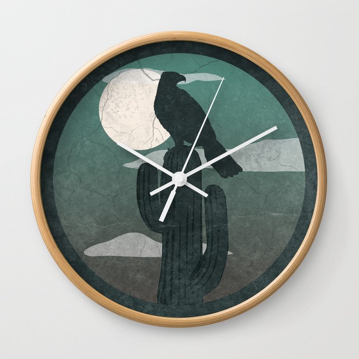 Hawk On Cactus Desert Night Wall Clock
