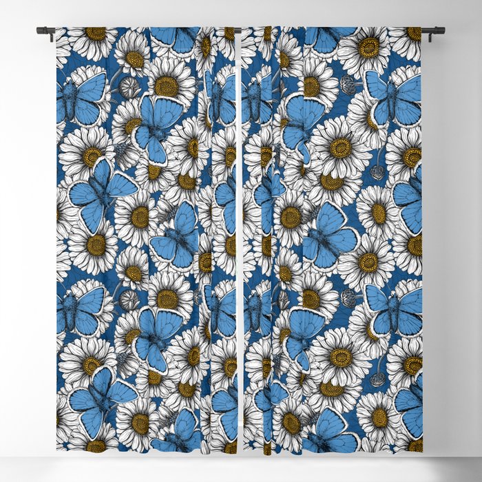   Daisies and butterflies on a classic blue background Blackout Curtain