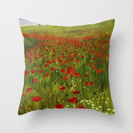 Alpine Meadow with Red Poppies floral landscape portrait painting by Pál Szinyei Merse Throw Pillow