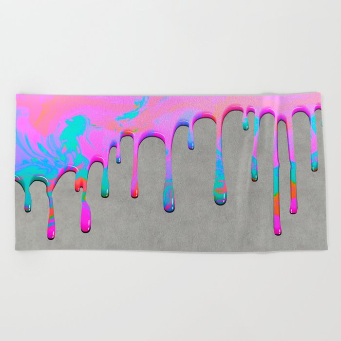 Pink Dripping Paint on Grey Beach Towel