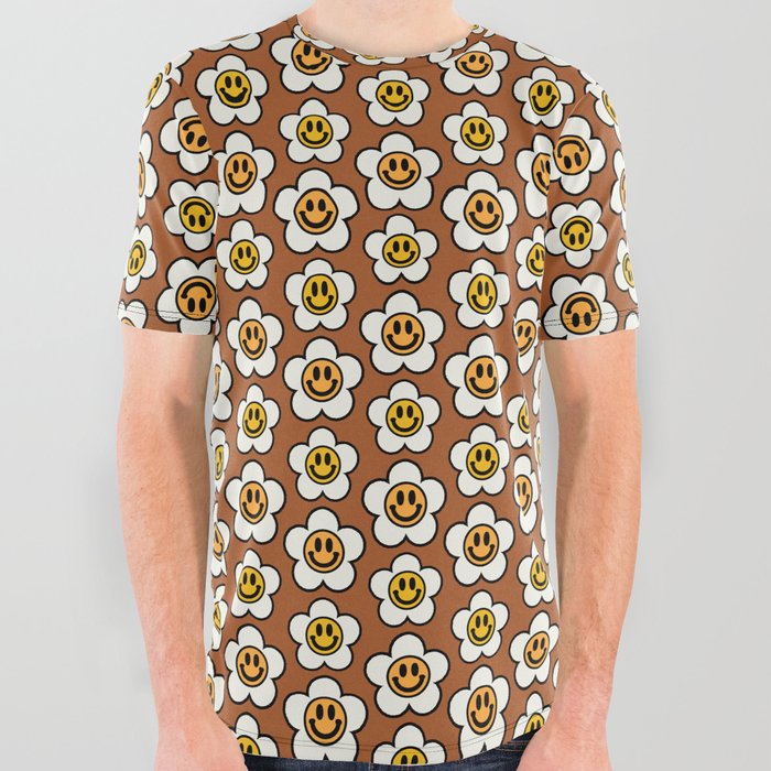 Bold And Funky Flower Smileys Pattern (Ginger Bread BG color) All Over Graphic Tee