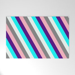 [ Thumbnail: Colorful Indigo, Cyan, Mint Cream, Grey, and Light Pink Colored Lined/Striped Pattern Welcome Mat ]