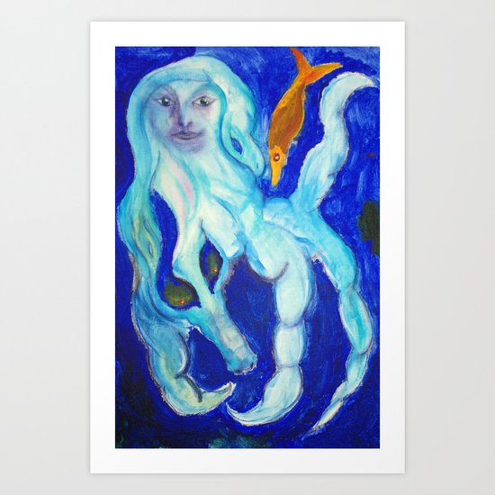 Blue Mermaid Surreal Watercolor Painting Fine Art by Garden Of Delights Art Print