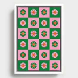 Flower Power Tile Pattern in Green, Pink & Orange Framed Canvas