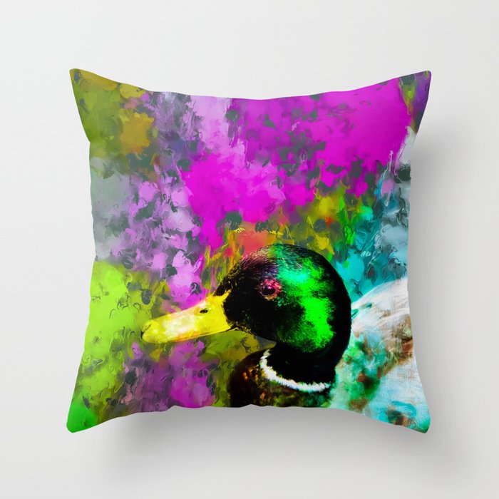 mallard duck with pink blue green yellow painting abstract background Throw Pillow