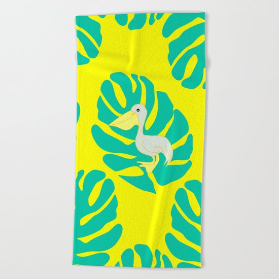 Pelican and monstera leaves Beach Towel