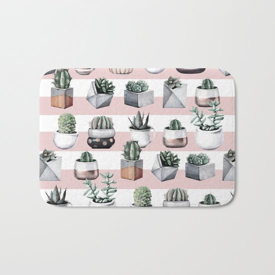 Potted Cactus Stripes Pink Rose Gold Bath Mat