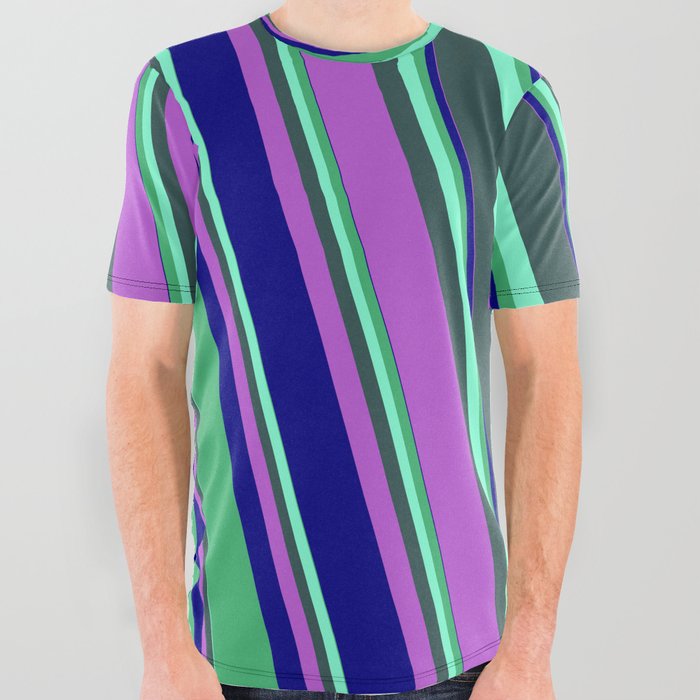 Eyecatching Sea Green, Aquamarine, Dark Slate Gray, Orchid, and Blue Colored Lines Pattern All Over Graphic Tee