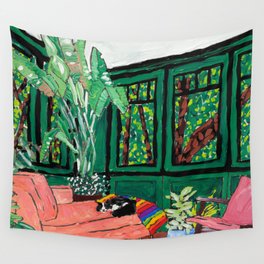 Sleeping Tuxedo Cat in Emerald Green and Coral Rose Pink Garden Room Modernist Painting Wall Tapestry
