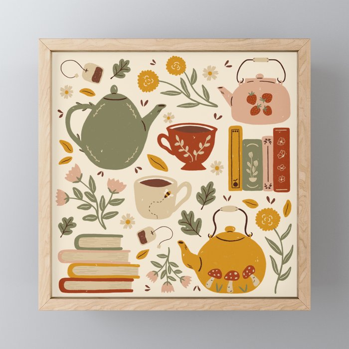 Flowery Books and Tea Framed Mini Art Print