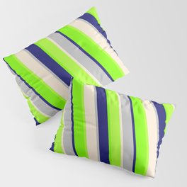 [ Thumbnail: Eyecatching Light Green, Chartreuse, Midnight Blue, Grey & Beige Colored Stripes Pattern Pillow Sham ]