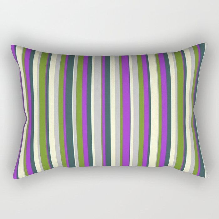 Colorful Light Yellow, Dark Slate Gray, Dark Orchid, Green, and Grey Colored Striped Pattern Rectangular Pillow