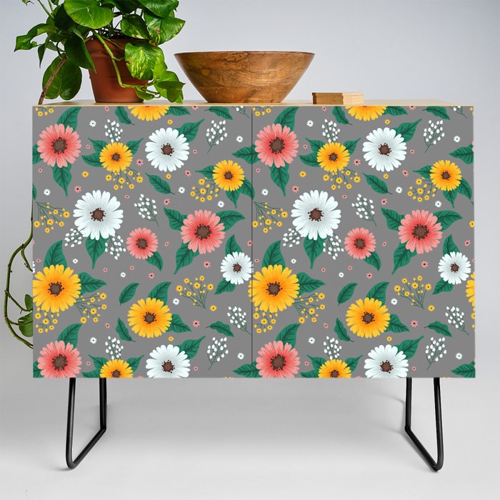 Colorful Spring Flowers Pattern in Grey Background Credenza
