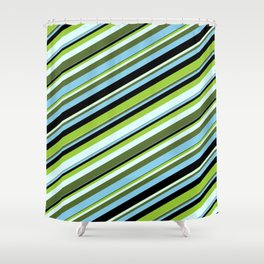 [ Thumbnail: Colorful Green, Light Cyan, Dark Olive Green, Sky Blue & Black Colored Lines/Stripes Pattern Shower Curtain ]
