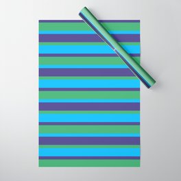 [ Thumbnail: Dark Slate Blue, Sea Green & Deep Sky Blue Colored Striped Pattern Wrapping Paper ]