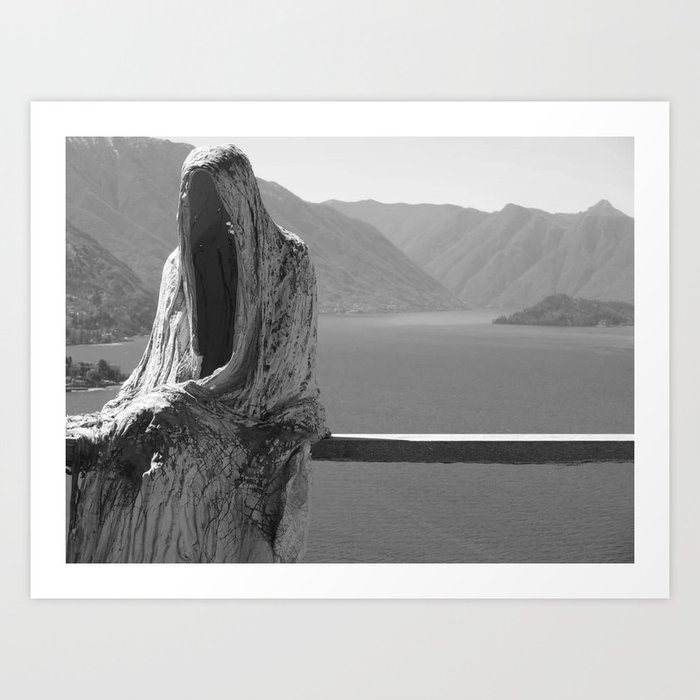 Lake Como, Ghost Sculpture over looking Italian Lake black and white photograph / art photography Art Print