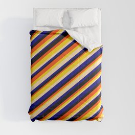 [ Thumbnail: Eye-catching Red, Yellow, Beige, Blue & Black Colored Striped Pattern Comforter ]