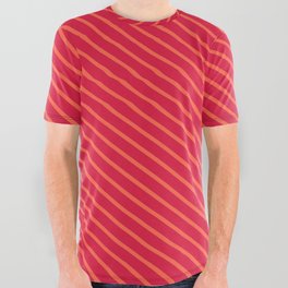 [ Thumbnail: Red & Crimson Colored Stripes Pattern All Over Graphic Tee ]