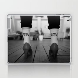 Girls rule boby socks and red high heels female portrait black and white photograph - photography- photographs Laptop Skin