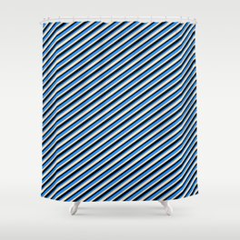 [ Thumbnail: Blue, Bisque & Black Colored Lined Pattern Shower Curtain ]
