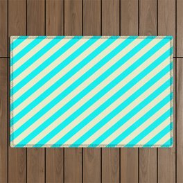 [ Thumbnail: Cyan and Light Yellow Colored Lines/Stripes Pattern Outdoor Rug ]