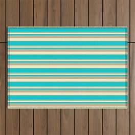 [ Thumbnail: Tan, Light Yellow, and Dark Turquoise Colored Lined Pattern Outdoor Rug ]
