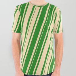 [ Thumbnail: Beige & Forest Green Colored Pattern of Stripes All Over Graphic Tee ]