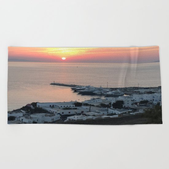 Sunset, Myconos Island, Greece Beach Towel