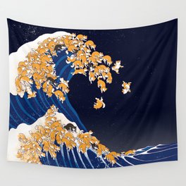 Shiba Inu The Great Wave in Night Wall Tapestry