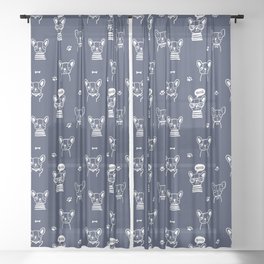 Navy Blue and White Hand Drawn Dog Puppy Pattern Sheer Curtain