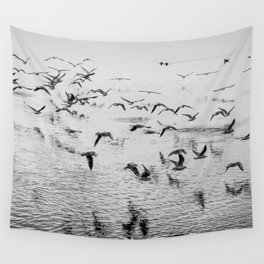 Seagulls in motion, black and white fine art image Wall Tapestry