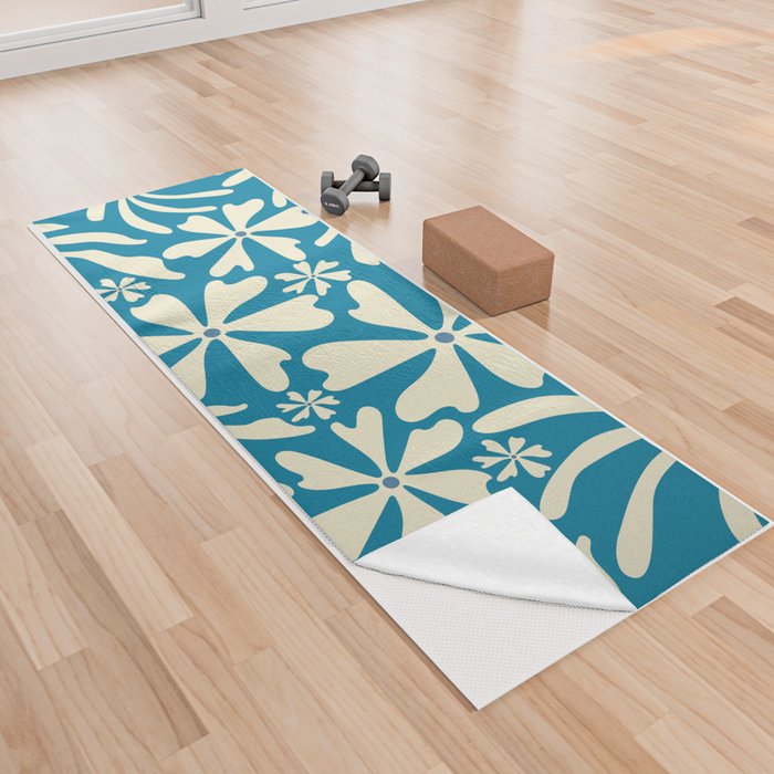 Groovy Flowers and Leaves in Light Yellow and Celadon Blue Yoga Towel