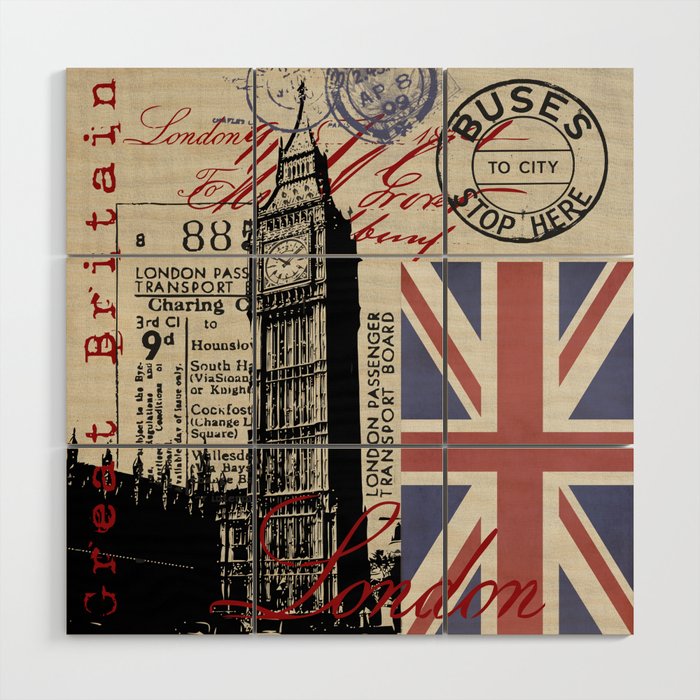 London Great Britain Big Ben Flag Collage Wood Wall Art