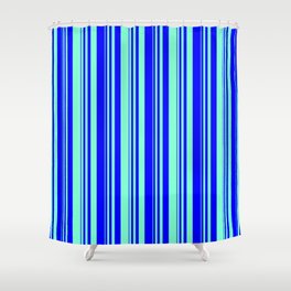 [ Thumbnail: Blue & Aquamarine Colored Striped Pattern Shower Curtain ]