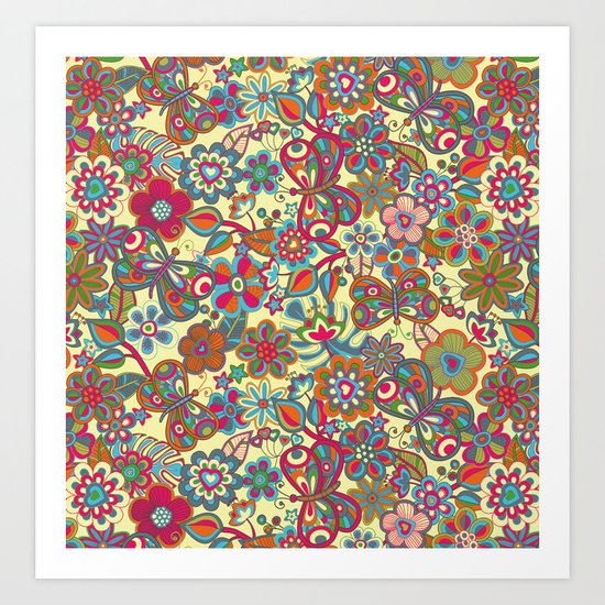 My butterflies and flowers. in yellow Art Print