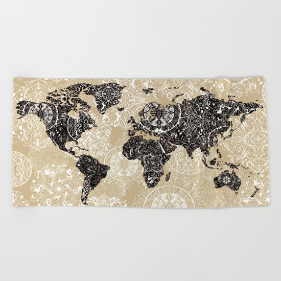 world map mandala sepia Beach Towel