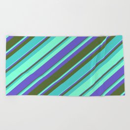 [ Thumbnail: Aquamarine, Slate Blue, Dark Olive Green, and Turquoise Colored Lines Pattern Beach Towel ]