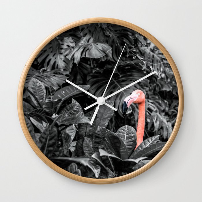 Pink Flamingo Poking His head Above the Leaves Wall Clock