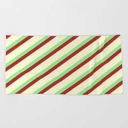 [ Thumbnail: Light Green, Red, and Light Yellow Colored Lined/Striped Pattern Beach Towel ]