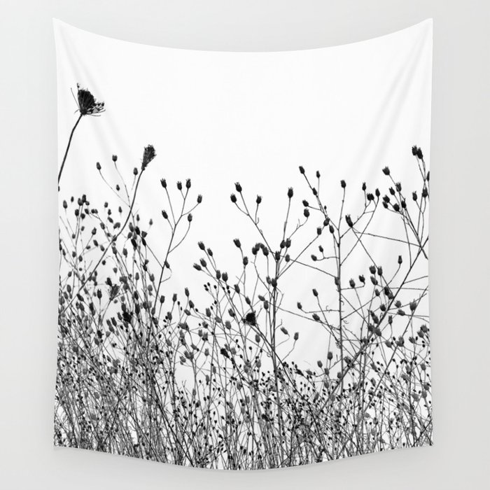 Black and White Dried Plants Silhouette Watercolour Style Wall Tapestry