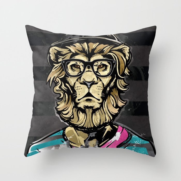 Hipster Lion on Black Throw Pillow