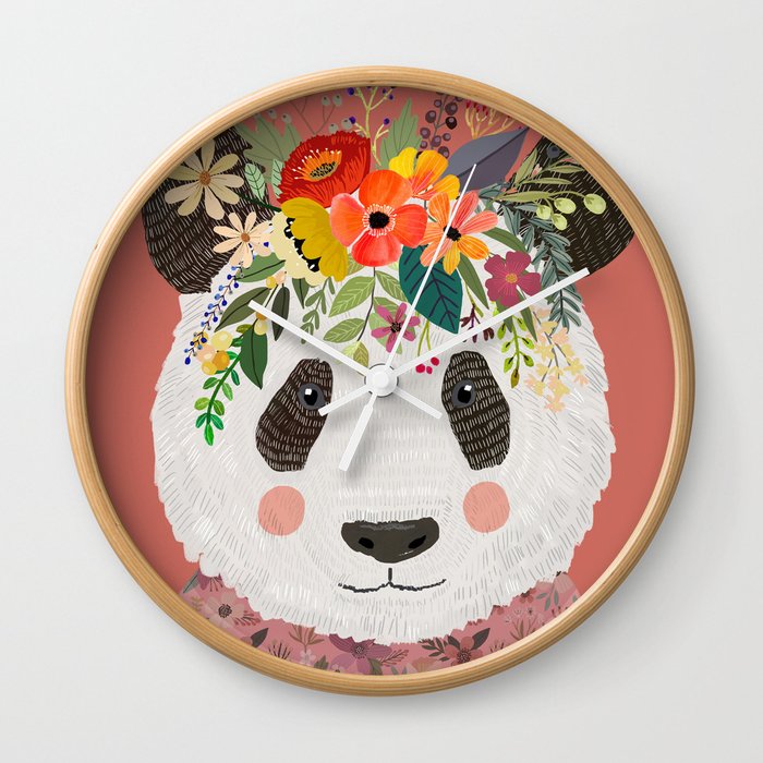 Cut Panda Bear with flower crown. Cute decor for kids Wall Clock