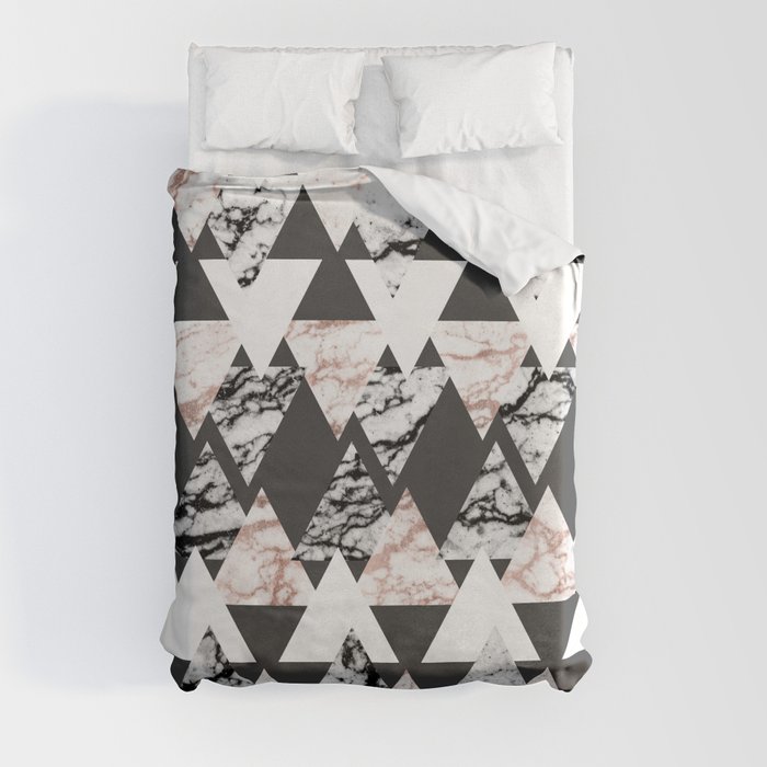 Modern Black White Rose Gold Marble Geo Triangles Duvet Cover