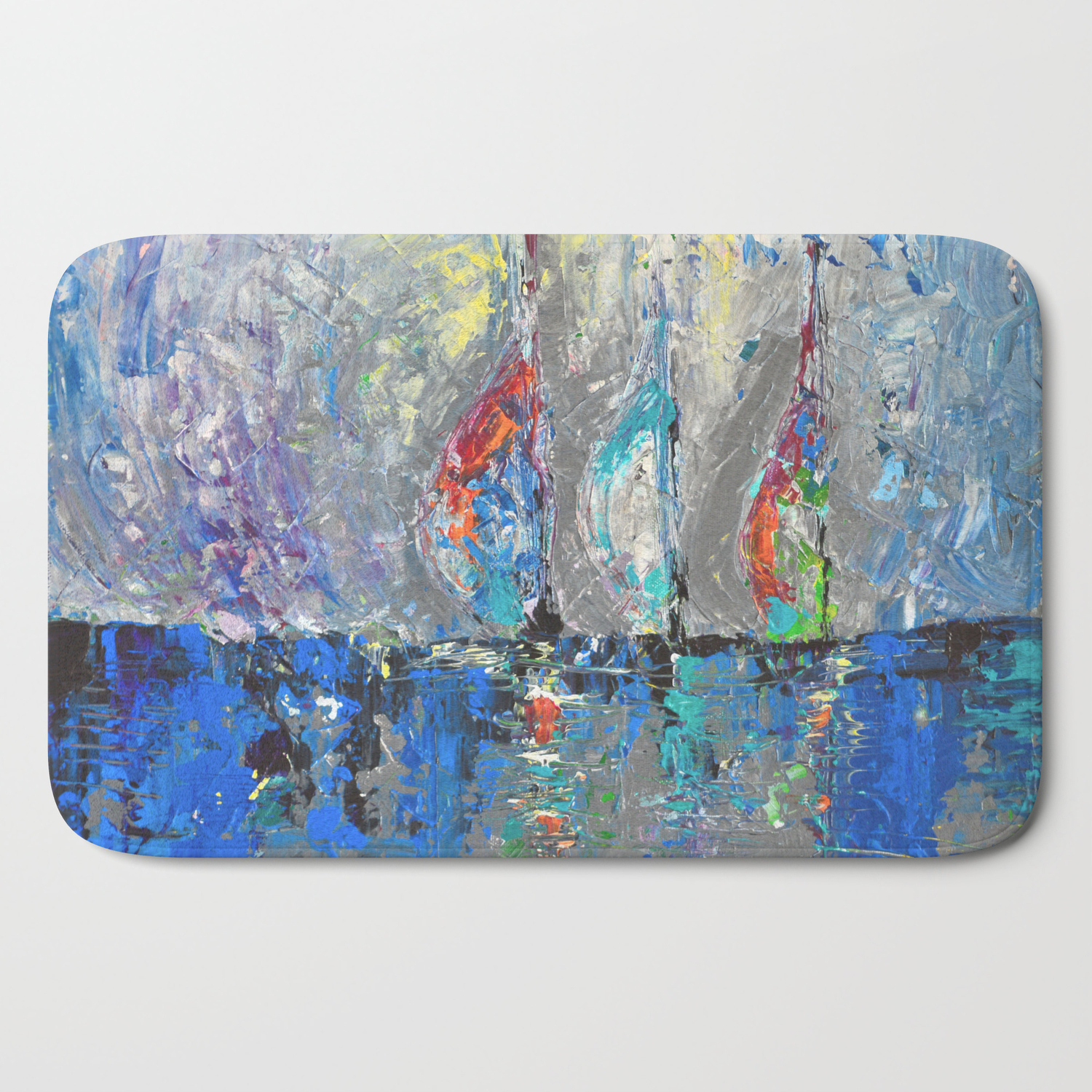 Three Sailboats Abstract Acrylic Painting Sea Landscape Blue